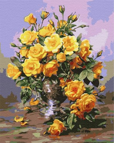 ARTNAPI Pintura por números, para adultos y niños, kit con marco, 40 x 50 cm (hermosas rosas amarillas), pintura al óleo sobre lienzo regalo, muy divertido y relajante, antiestrés, aprende a pintar