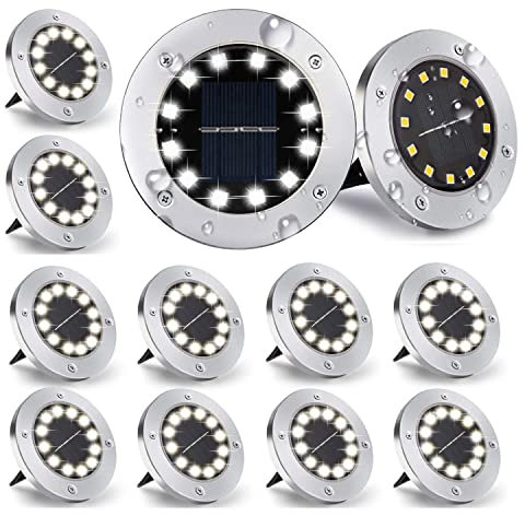Nurkoo Lot de 12 lampes solaires d'extérieur - 12 LED - 800 mAh - Avec panneau solaire mis à niveau - Lampe de jardin - Spot décoratif pour pelouse, trottoir, piscine, terrasse (blanc froid)
