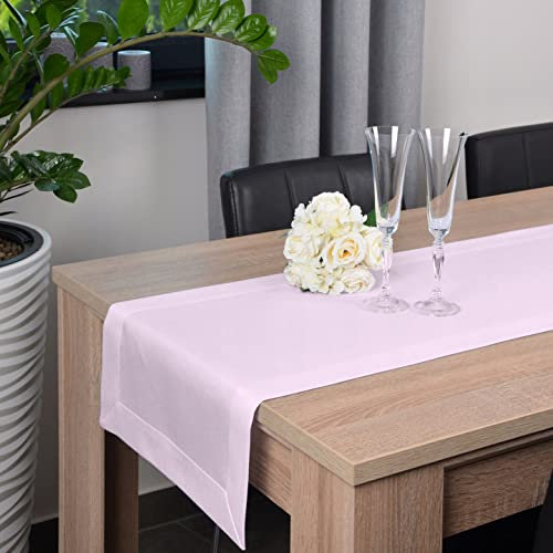 DECOOR - chemin de table, 40 x 140 cm,Rose poudré, nappe résistante aux taches, lisse et mat, gris cendré, finie avec une bordure décorative de 5 cm de large, en Tissu épais de 220 g/m²,100% polyester