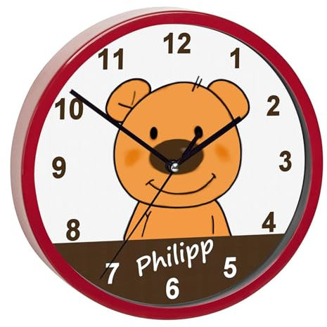 CreaDesign, Wanduhr für Kinderzimmer Teddy Bär, Kinderuhr rot mit Quarz Uhrwerk, personalisiert mit Name, Durchmesser 19,5 cm