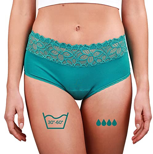 Taynie Deluxe Periodenunterwäsche aus Bio-Baumwolle - Periodenwäsche - Menstruationsunterwäsche - ersetzt 2-3 Tampons, Periodenslip Tragedauer bis 12 Std., waschbar bis 60°C (38, Petrol)