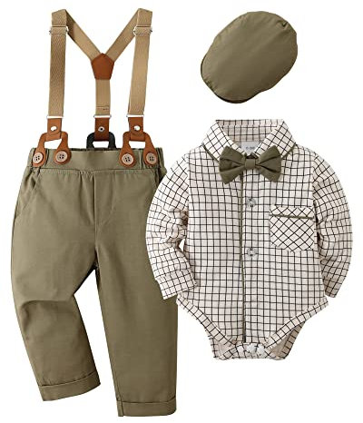 Amissz Vêtements Bébé Garçon Ensemble Gentleman, Tenue Bapteme Bebe Garcons Mariage Ceremonie Costume Bretelles Pantalons + Chemise + Nœud Papillon Vert, 0-3 Mois
