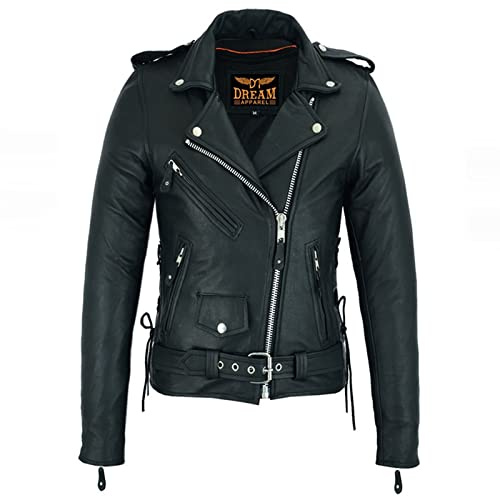 Dream Apparel Women’s Classic Leather Motorcycle Jacket with Zip Out Lining, Biker Jacket for Ladies with Side Laces (Black, Size XS)