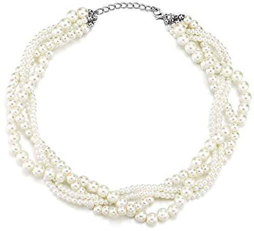 COOLSTEELANDBEYOND Mode Statement Halsketten Multi-Schichten Geflochtene Weiß Perle Kette Halsband Choker