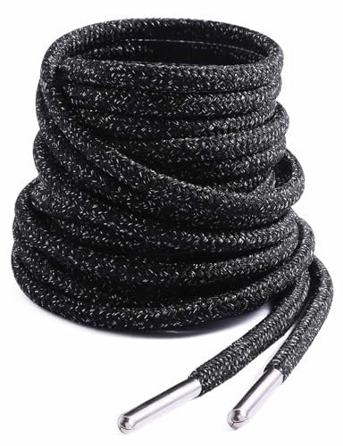 VSUDO 180 cm Lacci Rotondi Indistruttibili Neri per Stivali, Escursionismo e Lavoro All'aperto, Lacci Solidi Neri per Stivali con Punte Metalliche (1 Coppia-Nero con Punto Bianco-180CM)