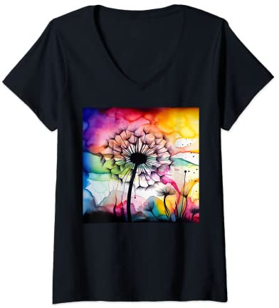 Donna Soffione colorato di ottica dell'acquerello del dente di Maglietta con Collo a V