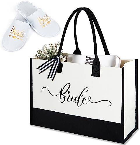 Weewooday 2 Stück Braut Geschenke Set inklusive Leinwand Bride Tragetasche und Bride Hausschuhe, JGA Einkaufstasche mit Abnehmbarem Boden Braut Pantoffeln für Hotel Spa Hochzeit JGA Accessoires
