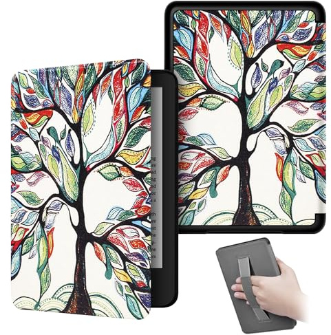 KEROM Case for 6.8 Kindle Paperwhite (11th Generation, 2021) and Kindle Paperwhite Signature Edition, PU Leather Protective Cover Case with Hand Strap, Card Slot, and Auto Sleep/Wake - Tree of Life