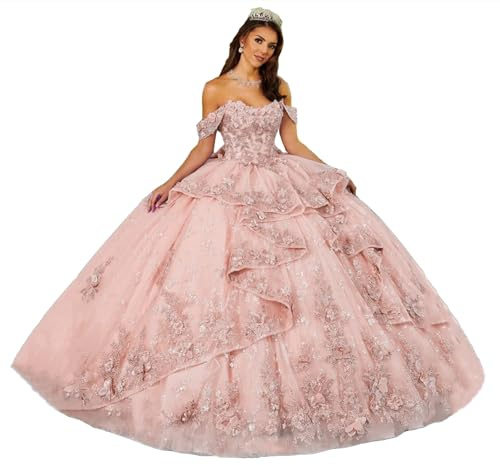 TSxuelian Robe de bal en dentelle florale avec épaules dénudées pour femmes - Robe de quinceanera avec applications en dentelle et perles - Robe de Sweet 16, rose poudré, 34