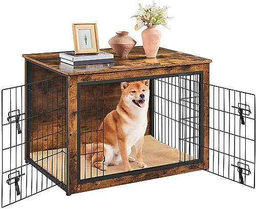 Yaheetech Large Wooden Dog Crate Furniture Style Dog Cage End Table with Cushion Pet Kennel with Double Lockable Doors/Adjustable Feet Side Table for Medium Dogs