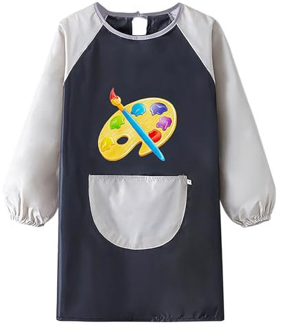 paitok Children's Art Apron Is a Waterproof Apron with Long Sleeves and Perfect for Painting, Cooking, and Messy Activities. Suitable 6-12 Years Girls/Boys Kids Apron(Black Body and Gray Sleeves)