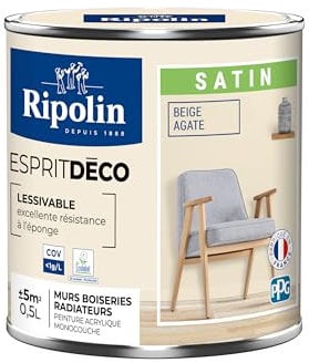 RIPOLIN - Peinture Intérieure Multi-Supports – Murs, Boiseries & Radiateurs – Ultra Couvrante – Lessivable – Application Facile – Ecolabel - Satin - 0,5L - Beige Agate