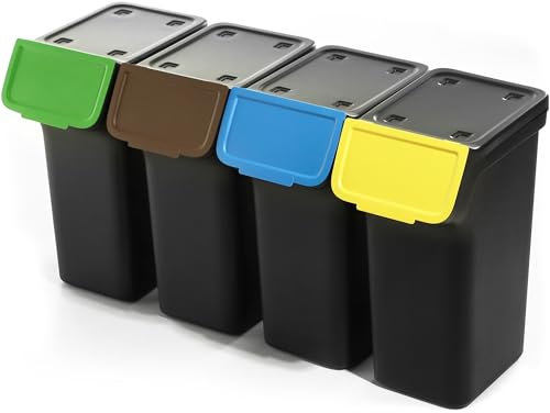 KADAX Poubelle avec couvercle, poubelle en plastique, pour le tri des déchets, rectangulaire, avec couvercle à charnière (noir, 4 x 25 l)
