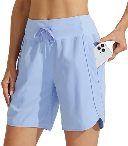 WILLIT Damen Shorts Sporthose Kurz High Waist Laufhose Sommer Laufshorts Schnelltrocknend Wanderhose Kurze Hose Sport Fitness Running mit Taschen 7 Hellblau L