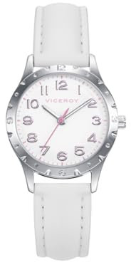 Viceroy Niña 401210-05 - Reloj Acero Circular, Correa Piel Sintética, Blanco, Pulsera Rosa