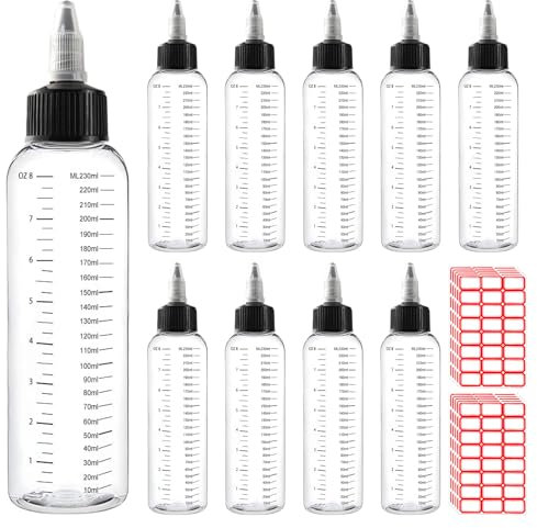 Sporgo 10 frascos de plástico transparente para apretar, 250 ml, con caspa negra, tapa de giro graduada y 10 pegatinas, botella dosificadora para líquido de tinta, aceites, geles, pegamento