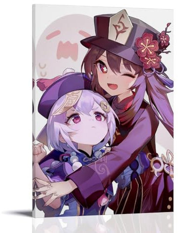 YBJDLO Game Genshin Impact Hutao und Qiqi Poster, Zimmer-Wohnzimmer-Dekor, moderne ästhetische Wandkunst, Geschenk für Freunde, Bettrahmen-Stil, 30 x 45 cm