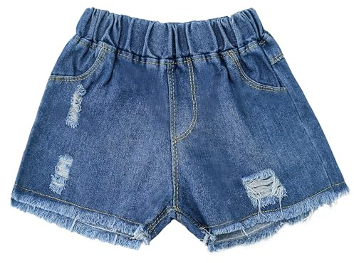 FEOYA Kids Girls Denim Shorts Ripped Elastic Waistband Jeans Shorts Baggy Casual Short Trousers Solid Color Hot Pants with Pocket for 3-12 Years
