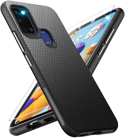 Handyhülle für Samsung Galaxy A21S Hülle mit Schutzfolie, Schutzhülle Galaxy A21S Bumper Stoßfest Case Rutschfester Textur Hard PC Rugged Hüllen Galaxy A21S Cover (Schwarz)