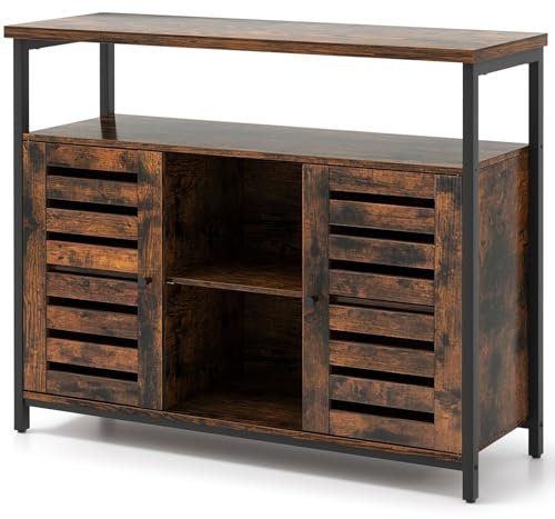 TANGZON Buffet Sideboard, Wooden Kitchen Storage Cabinet with 2 Slatted Doors, Adjustable Shelves & Anti-tipping Device, Industrial Cupboard Console Table Organiser for Dining Living Room Hallway