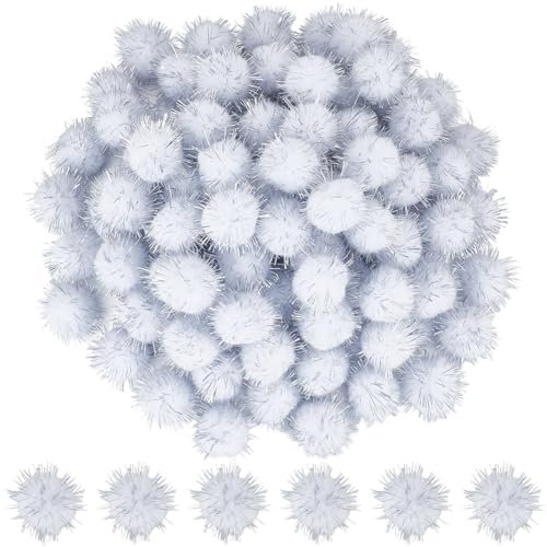 SUNNYCLUE 120 Stück Glitzer Pompons Funkelnde Bälle Basteln Großpackung 25mm Weiße Faser Weich Flauschig Flauschig Runde Lametta Bälle Glitzer Dekor Pompons Für Katzen DIY Kunst Basteln Weihnachtsfei