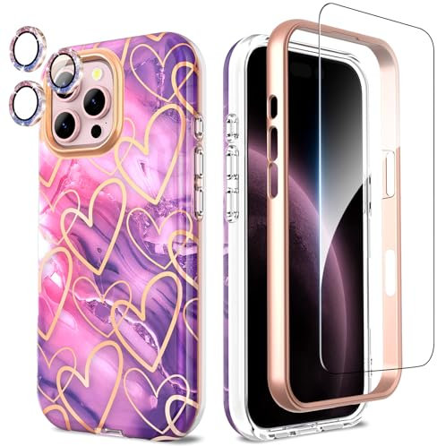 SHEDEER 4-in-1 iPhone 16 Pro Max Case with Screen Protector + Bumper & Camera Protector | Military-Grade Shockproof 360° Protection, 16 Pro Max Case Glossy Fade-Resistant Pattern Design (Purple)