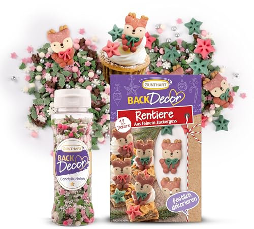 Günthart Backdecor Zuckerdeko Set: 12 Stück Essbare Tortendeko (8 Sterne & 4 Engel) aus feinem Zuckerguss + Streudekor Holy Night 100g Streusel – für Weihnachten, Plätzchen, Lebkuchenhaus & Muffins