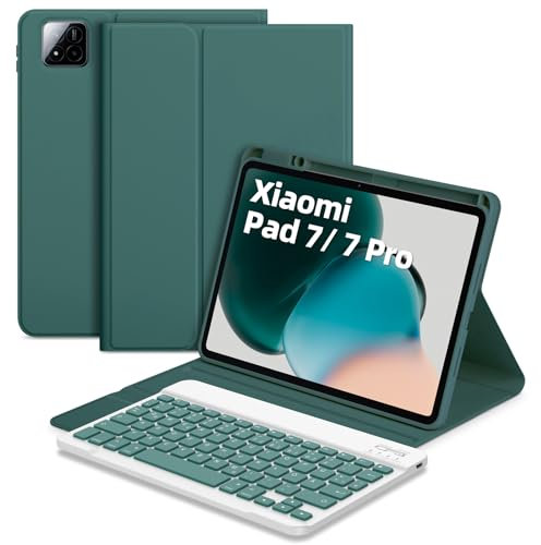 Bettdow für Xiaomi Pad 7 11.2 2024 Tastatur Hülle, Deutsch QWERTZ Layout Abnehmbarer Tastatur, Hülle mit Stifthalter für Xiaomi Pad 7/ Pad 7 Pro 11.2 Zoll 2024, Dunkelgrün
