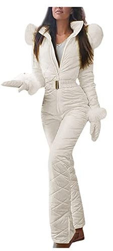 FUPODD Schneeanzug Damen Winter Warme Skianzug Frauen 2 Teilig Einteiliger Ski Overall Outdoor Skibekleidung Sport Mit Fellkapuze Jumpsuit Reißverschluss Schneeoverall Set Wasserdicht Snowboarden