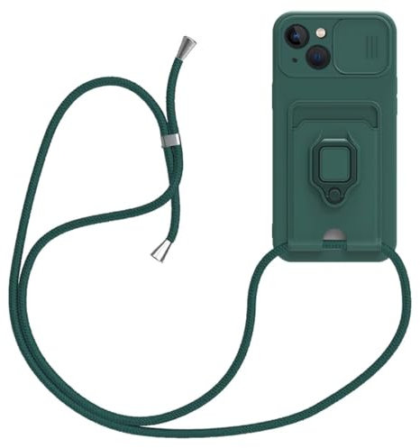 xinyunew Handykette Silikon Hülle für iPhone 15 Plus mit Band, Handyhülle mit Kartenfach, Abnehmbar Kordel Kette, 360 Grad Ringhalter Stand Kartenfach Stoßfeste Schutzhülle,Grün