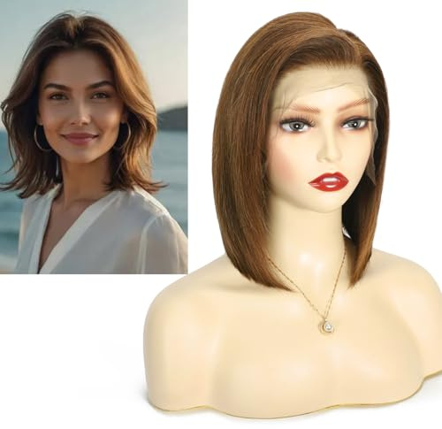 Larafona Hair Echthaar Perücke Kurz BOB Style Mittel Braun 4#, Glueless Lace Front Wig 100% Remy Menschliches Haar 14inch/35cm