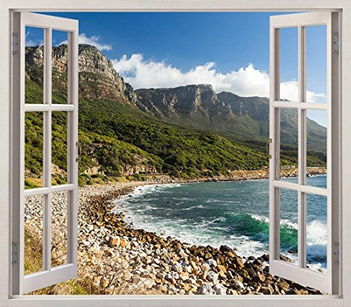 3D Sticker (Aufkleber) Vinyl Fenster Strand, panoramische felsige und belaubte Berge Verschiedene Maße 150x130cm | Klebstoff enthalten | Raumdekoration | Multicolor | Elegantes Design |