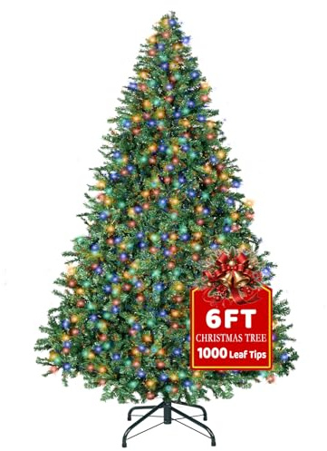 6FT Artificial Christmas Tree with 350 LED, Christmas Pine Tree with 1000 Tips Lush, Foldable Metal Frame & Stand, Easy Assembly Pops Up Xmas Tree for Home Party, 180 x 120cm