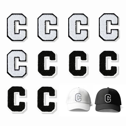 JSRQT 10Pcs Iron on Patches Letter C, Black White Alphabet Sew On Patches Embroidery Applique 7cm, Self Adhesive Letter Embroidered Patch Decorate for Clothing, Hat, Bag, Jackets, Jeans, Repair Hole