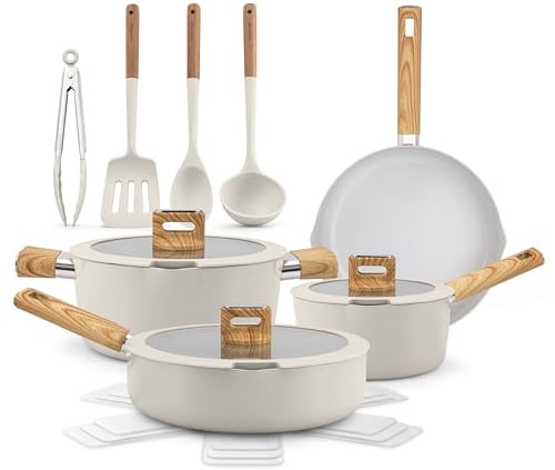 NutriChef Set Pentole e Padelle 14 Pezzi in Ceramica Antiaderenti, Compatibili Induzione, Coperchio in Vetro, Manici Antiscottatura, Lavabili in Lavastoviglie, Mestolo, Pinze e Spatola Inclusi, Bianco
