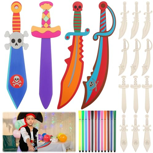 Camptrip 16 Stück Holzschwert Kinder,Holz Piratensäbel mit 12 Stück Farbige Stifte,Piratenschwerter zum Bemalen,Dekoratives Kunsthandwerk für DIY Kinder Malen Dekoration