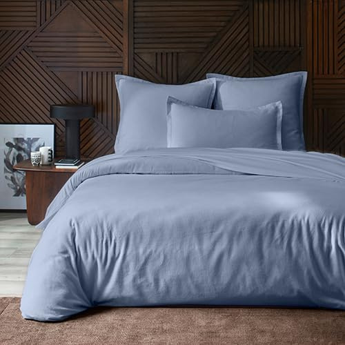 Duquennoy & Lepers - Parure Housse de Couette 2 Personnes en Flanelle 100% Coton - Housse de Couette 240x220 CM avec Rabat et 2 Taies d'oreiller 63x63 cm - Uni Bleu