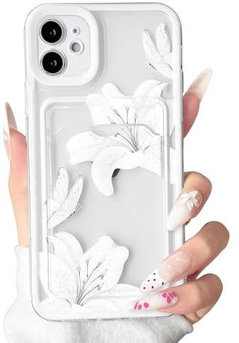 NITITOP for iPhone 11 Case Clear Cute Lily Flower Wallet, White | for Women Girls, Floral Butterfly Pattern, with Card Holder, Color Frame, Soft TPU Shockproof Cover, Full Camera Protection
