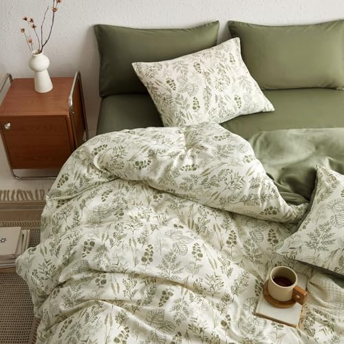 Tospass Housse de Couette 140x200 Fleurs Floral Feuilles Vert Olive Vert | Parure de Lit 1 Personne Ado, Fermeture Éclair, Housse Couette en Microfibre, 1 Taie d'oreiller 65x65cm, Certifié Oeko-Tex