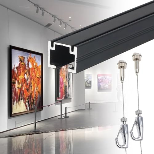Binario Quadri Ganci per Quadri Neri, Sistema per Appendere in Gallerie D'arte con Cavi in ​​acciaio, Binario per Esposizione di in Metallo(3m/9.8' Cable,36/91cm Track)