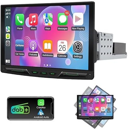 10,1 Zoll Einzel DIN Autoradio Android 13.0 mit 360-Grad-Drehung, drahtloser CarPlay- und Android Auto-Unterstützung, mit 8-Core 4+64GB/GPS-Navigation/DAB+/Bluetooth/WiFi, MIC/Rückfahrkamera