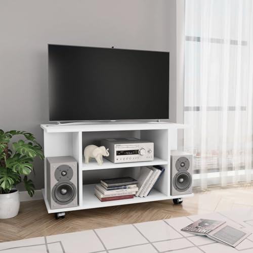 Fangmaliuyun TV-Schrank mit Rollen Weiß 80x40x45 cm Holzwerkstoff Modernes Lowboard mit 4 offenen Regalen Robuster Fernsehschrank für Wohnzimmer Büro