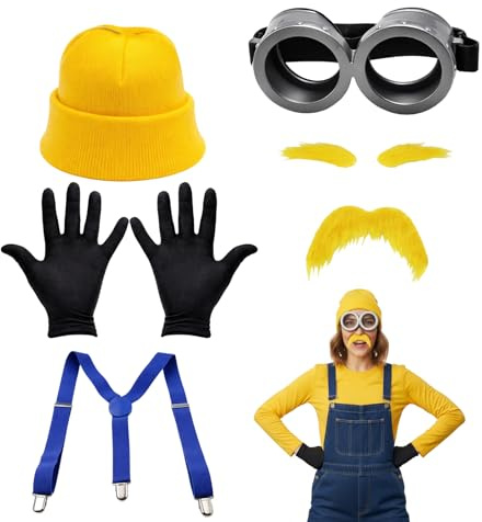JrnSvp Gelb Kostüm, 5 Teilig Kostüm Damen Karneval Kostüm, Gelbes Verkleidungsset mit Mütze Brille Handschuhen für Halloween Karneval Cosplay