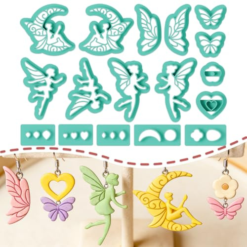 ORIGACH 17 Stück Niedliche Elfenmotive Polymer Clay Ausstecher Ohrringe | Polymer Clay Cutters Mit Aufbewahrungsbox Geometrische Modelliermasse-Ausstecher für Schmuckherstellung DIY Ohrringe