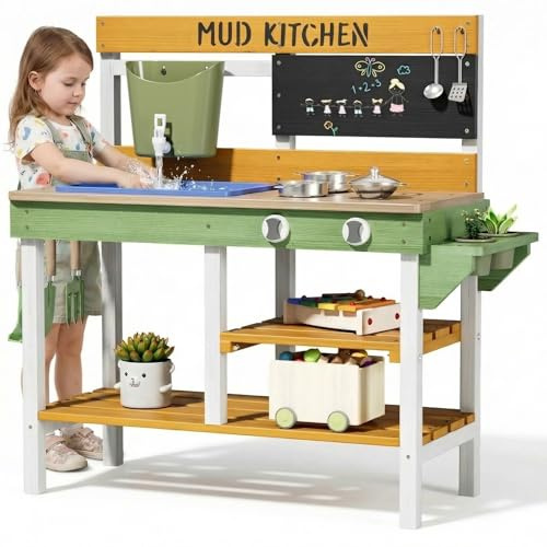MAMIZO Matschküche Kinder Outdoor aus Holz, Spielküche mit Funktionierendem Wasserhahn, Pflanzkästen, Gartenwerkzeugen, Tafel, Regalen und Küchenzubehör, 93x37x88 cm Kinderküche ab 3 Jahren