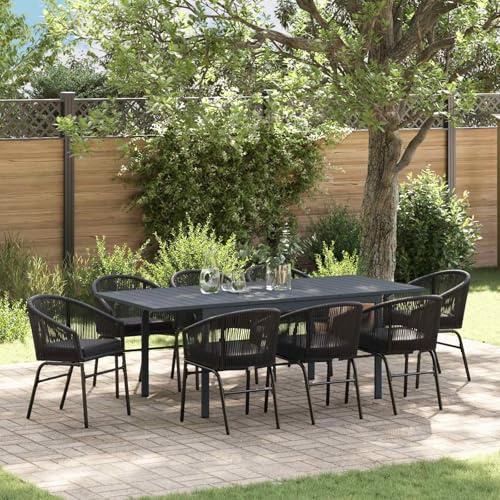 kithwjll Garten Essgruppe 9-teilig Schwarz Poly-Rattan Gartenmöbel Set klein mit ausziehbarem Tisch und 8 Stühlen für Outdoor Balkon Terrasse Lounge Sofa komfortabel langlebig
