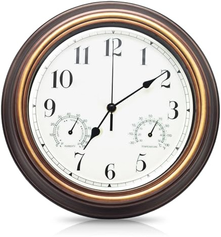 Gartenuhr Wetterfest, Außenuhren Wasserdicht, Wasserdichte Wanduhr, Außenuhren Wetterfest Mit Thermometer Und Hygrometer, Wanduhr für Drinnen Und Draußen für Küche Wohnzimmer Badezimmer (12 Zoll)