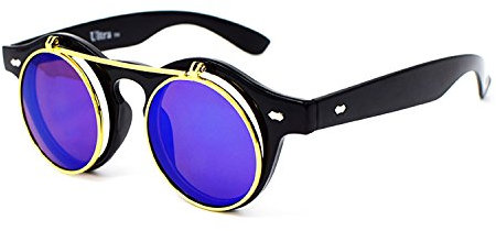 Ultra Schwarz Rahmen Blau Linsen Flip Up Ronde Steampunk Sonnenbrille Retro Frau Mann UV400 UVA Vintage Victorian Kreis Retro Sonnenbrille Steampunk Brille Sonnenbrille zum Hochklappen