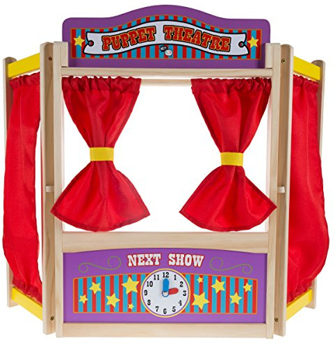 HEY! PLAY! Puppet Theater for Kids - 30x26 Wooden Tabletop Toy with Curtains, Blackboard, and Clock to Inspire Imagination and Creativity in Boys and Girls