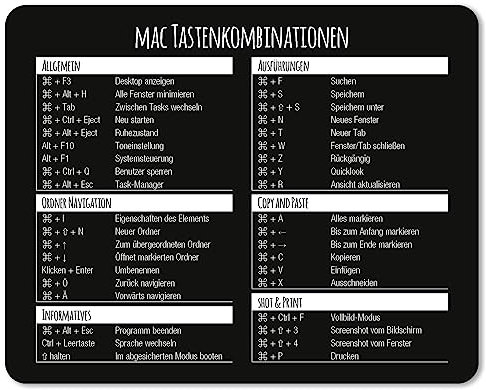 Mauspad mit MAC Tastenkombinationen I 24 x 19 cm I Mousepad in Standargröße, rutschfest I Tastenkürzel Übersicht Shortcuts I dv675